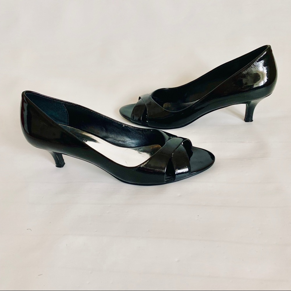 Franco Sarto Black Patent Leather Open Toe Heels.